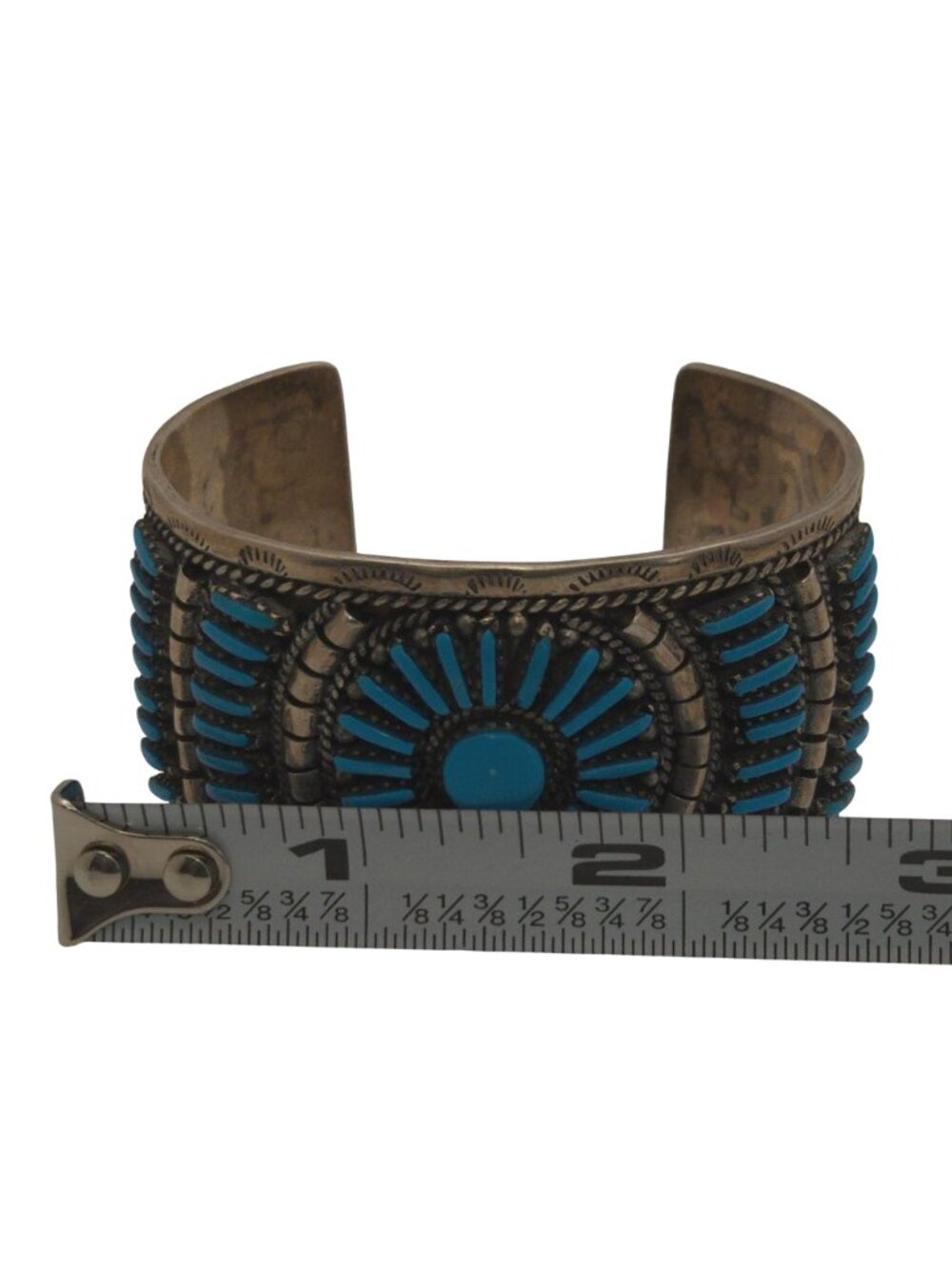 Vintage Zuni Petit Point Sterling Silver Cuff Bracelet Turquoise & Engraved 50g - Picture 6 of 11